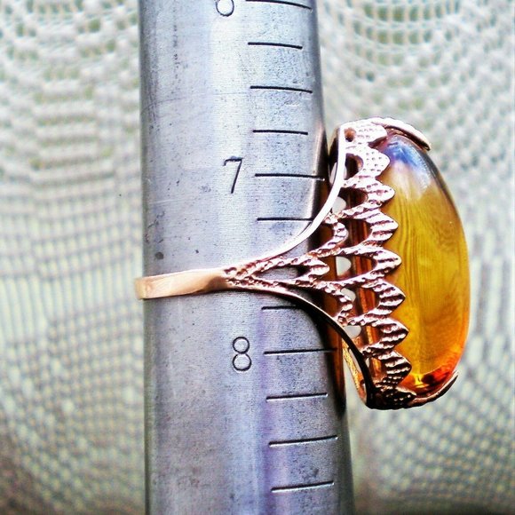 Russian USSR Original 14K 583 Rose Pink Gold Baltic Honey Amber Cocktail Ring - Picture 10 of 10